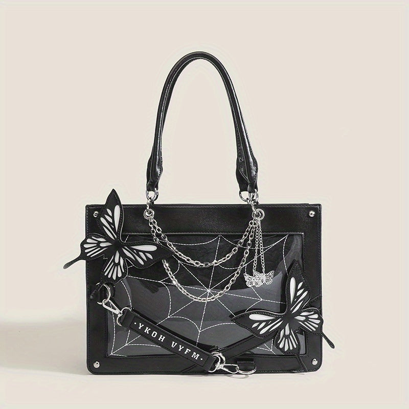 Gothic Butterfly Deco Tote Bag, Y2K Punk Crossbody Bag, Funky Shoulder Purse & Handbag For Girls