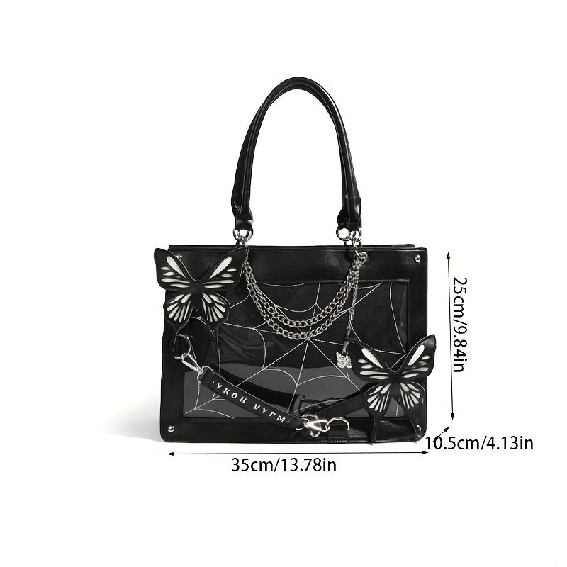 Gothic Butterfly Deco Tote Bag, Y2K Punk Crossbody Bag, Funky Shoulder Purse & Handbag For Girls