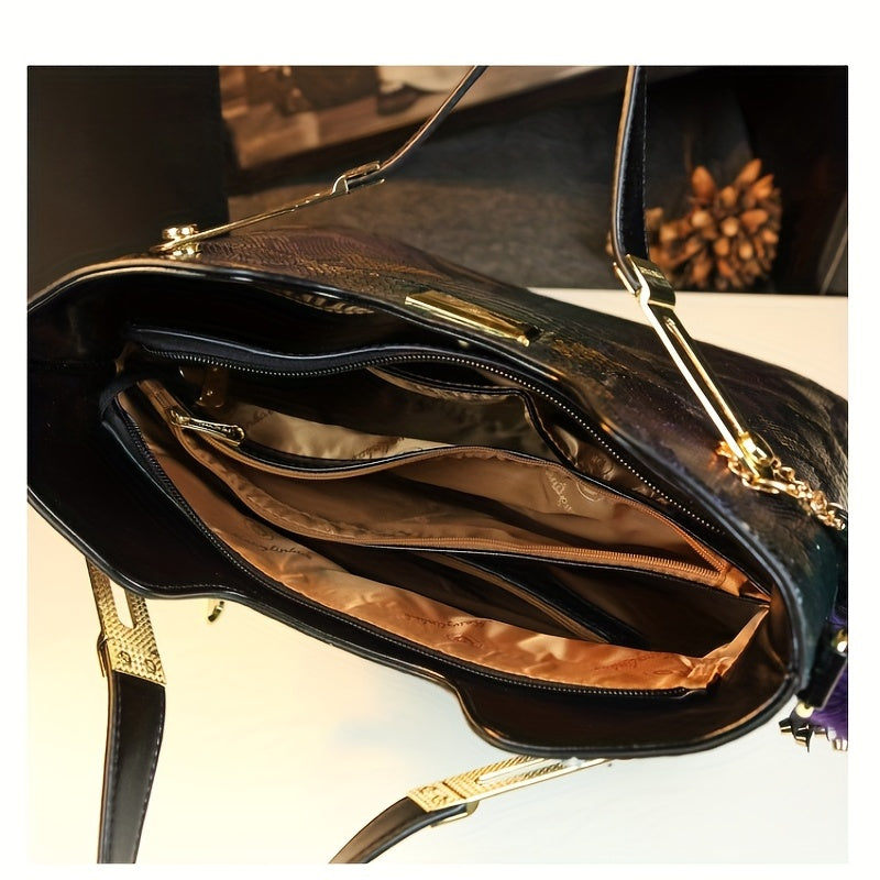 Vintage Crocodile Pattern Handbag, Large Capacity Satchel Bag, Women's Retro   & Shoulder Purse with Detachable Strap, PU Material, Zip Closure - Available in Pink/Purple/Green,   Handbag | Decorative Charm Bag | Bag