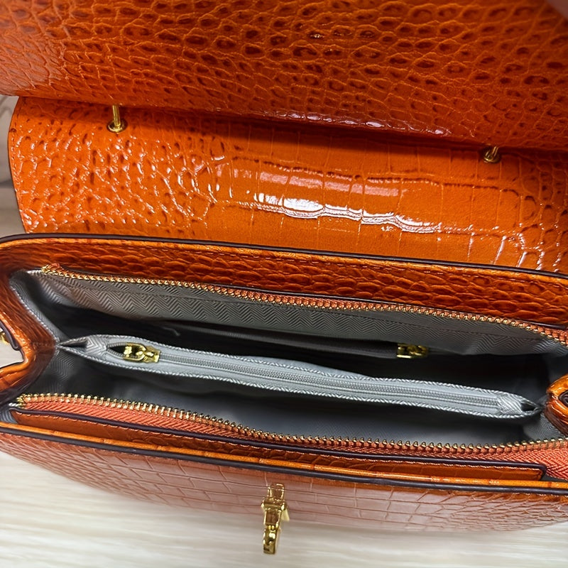 Premium Luxury Womens Retro Crocodile Pattern Bag - Stylish Crossbody Satchel with Elegant Top Handle - Versatile Shoulder & Handbag