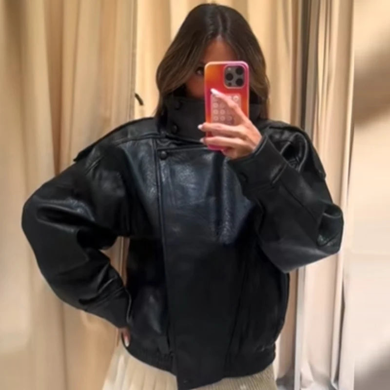 HXAO Faux Leather Black Jackets For Woman New Arrival Cropped Oversize Bomber Jacket Zip-Up Long Sleeve Coats Motorcycle Jackets