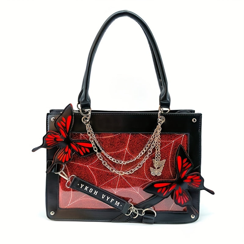 Gothic Butterfly Deco Tote Bag, Y2K Punk Crossbody Bag, Funky Shoulder Purse & Handbag For Girls
