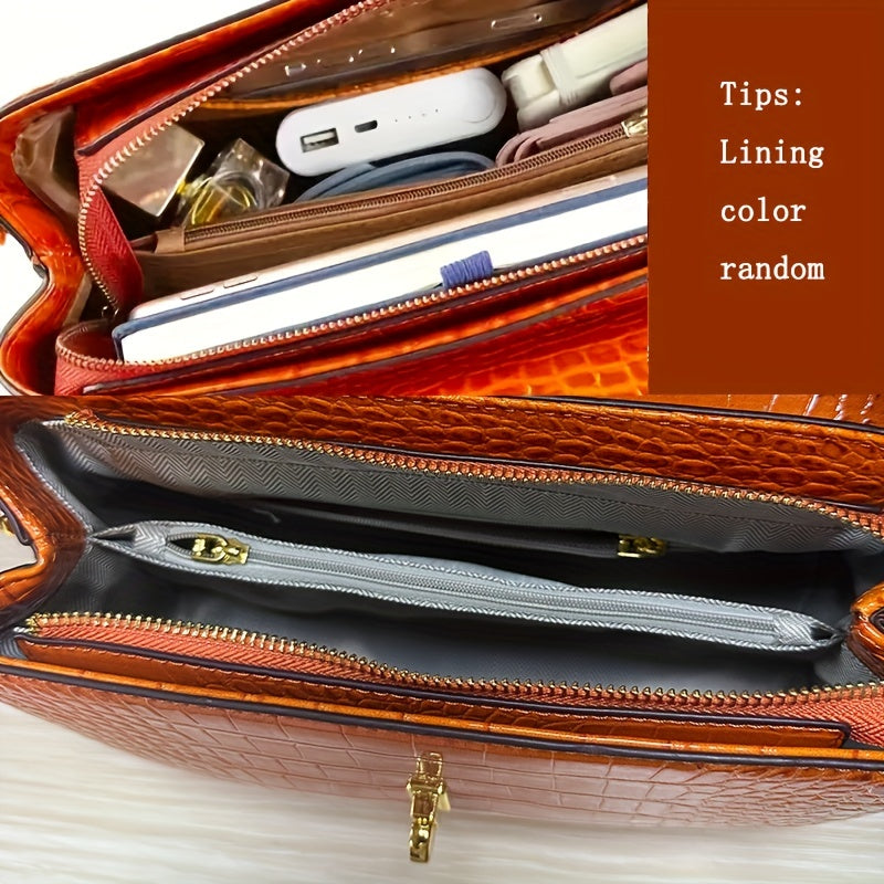 Premium Luxury Womens Retro Crocodile Pattern Bag - Stylish Crossbody Satchel with Elegant Top Handle - Versatile Shoulder & Handbag