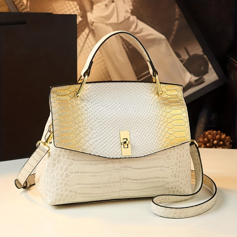 Premium Luxury Womens Retro Crocodile Pattern Bag - Stylish Crossbody Satchel with Elegant Top Handle - Versatile Shoulder & Handbag
