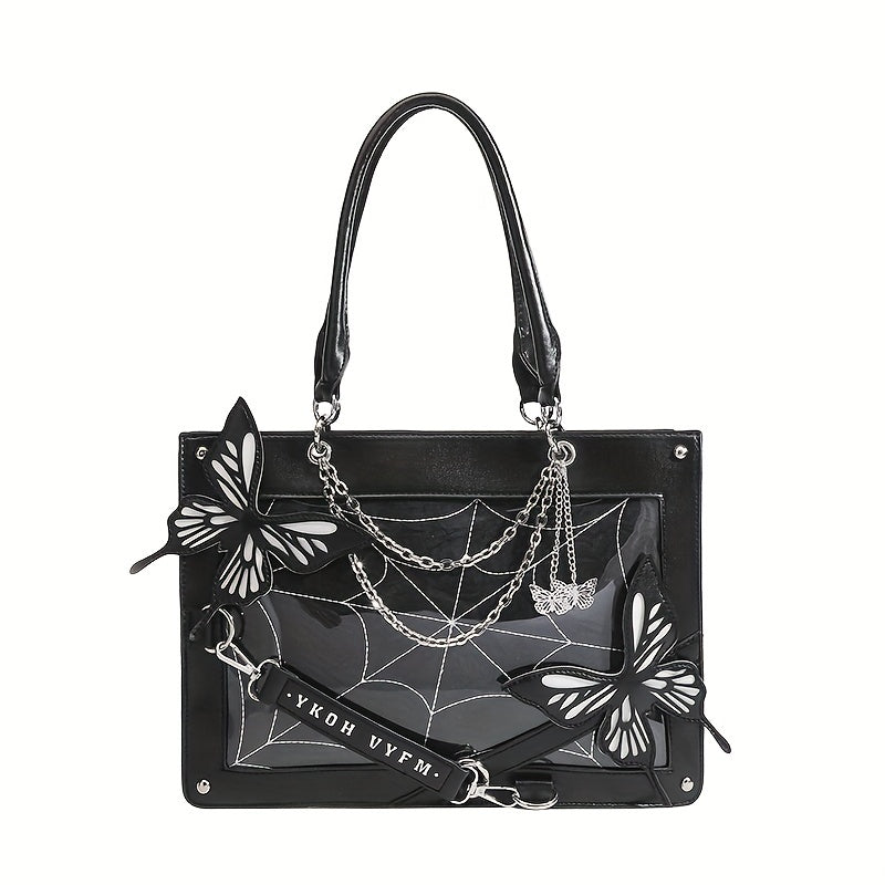 Gothic Butterfly Deco Tote Bag, Y2K Punk Crossbody Bag, Funky Shoulder Purse & Handbag For Girls