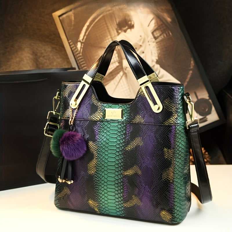 Vintage Crocodile Pattern Handbag, Large Capacity Satchel Bag, Women's Retro   & Shoulder Purse with Detachable Strap, PU Material, Zip Closure - Available in Pink/Purple/Green,   Handbag | Decorative Charm Bag | Bag